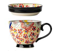 Dowbom Tasse à soupe avec couvercle, bol à soupe pour micro-ondes, 500 ml, tasse à soupe en céramique, bol à petit déjeuner, tasse à bouillon (fleur-B, 500 ml)