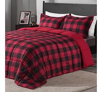 downluxe Parure de lit 3 pièces à Carreaux légère avec 2 taies d'oreiller - Couette réversible en Duvet Alternatif pour très Grand lit - Motif écossais Rouge/Noir