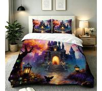Dozrmey Housse de Couette 220x240 Château Coloré, 3 Pièces Parure de Lit en Microfibre pour Chambre à Dortoir, Qualité Ensemble de Literie avec Fermeture Éclair et 2 Taies d'oreiller, AE3305