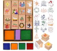 DPKOW Bois Crèche de Noël Tampons pour Enfants Artisanat avec Encreur, Religieux Noël Tampons pour Enfants Bricolage Scrapbooking Carte Crèche Noel Impression Gadget Artisanat Cadeau Goodies