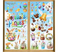 DPKOW Français Joyeuses Pâques Fenêtre Autocollants Décorations, 9 x Pâques Stickers Vitre Décorations Autocollants pour Paques Fenêtre Porte Décorations, Chocolat Cloches Paques Œufs Couronne