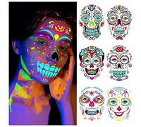 DPKOW Lumineux Halloween Tatouages Temporaires Crâne de Sucre Tatouage Visage, 6 Feuilles Halloween Tatouage Ephemere Femme Enfant Halloween Accessoires de Maquillage Halloween Party Accessories