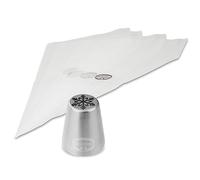 Dr Oetker 1375 Ensemble douille flocon de neige et 4 poches à douille, Douille patisserie, Poche à douille, Acier inoxydable, Plastique, Blanc, Argenté