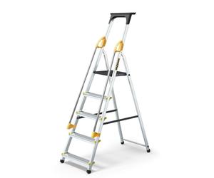 DRABEST | Escabeau ménager en aluminium 5 marches, hauteur de travail 2,97 m, charge maximale 150 kg, EN 131, avec tablette porte-outils