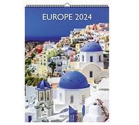 DRAEGER PARIS | Calendrier mural déco Europe 2024 à suspendre 29x39cm |16 mois sept-23 à dec 24 | 7 langues | Calendrier bureau, maison, mensuel | Décoration, organisation | Papier certifié FSC®