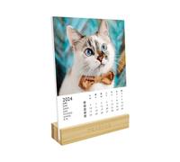 DRAEGER PARIS - Calendrier sur socle Chats 2024-12 x 16,5 cm - Année 2024-7 langues - Calendrier décoration bureau mensuel- Socle en bambou - Papier certifié FSC® - encres végétales