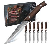 Dragon Creek - Set 6 couteaux à steak en acier inoxydable, manche bois. Pour maison & restaurant. Tranchants, boîte cadeau. Idéal pour hommes, femmes, parents.