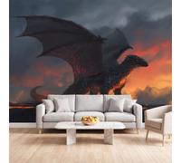 Dragon Noir Et Gris Volcan Magma Papier Peint Intissé Salon 250 x 175 cm | Murale Fantaisie Sombre Jeunesse pour Chambre Décoration Couloir Entrée Cuisine TV Fond Salle à Manger