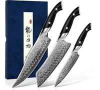 DRAGON RIOT Couteax Japonais Damas - Set Couteaux de Cuisine avec Poignée en G10, le Coffret Comprend un Couteau de Chef, un Santoku et un Couteau à Fruits, Boîte Cadeau Offerte Gratuitement