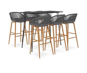 Drainlyn Ensemble de bar 7 pièces noir et gris avec cadre en métal revêtu par pulvérisation, plateau en MDF, tabourets de bar ergonomiques, 120 x 60 x 105 cm, 6 places, idéal pour jardin, terrasse