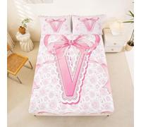Drap Housse 135x200 Enfant Lettre V Nœud Rose Drap-Housse Rose Floral Preppy Coquet Drap de Lit Monogramme Initiale Mignon Girly Dentelle Housse de Matelas Princesse Vintage Romantique