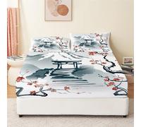 Drap Housse 140x190 cm, Motif Style Japonais de Fleurs de Cerisier Housse de Matelas, Enfants Protection de Matelas 30cm, Drap de lit, Doux Drap Housse Lavable Microfibre avec Taies d'oreiller x2
