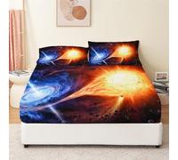Drap Housse 140x190 cm, PlanèTe Galaxie Bleu Orange Draps Housses Profondeur 30 cm, Mode Housse Matelas Doux et Confortable Microfibre avec 2 Taies d'Oreillers pour Enfants Adolescents