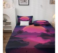 Drap Housse 140x190 Paysage Tropical - Protege Matelas Néon Vaporwave, Drap Housse Grand Bonnet 35 cm, Housse Matelas Doux et Confortable Microfibre avec 2 Taies d'Oreillers 50x75 cm N&-D-148