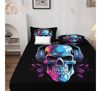 Drap Housse 140x190 Tête de Mort - Protege Matelas Gothique, Drap Housse Grand Bonnet 35 cm, Housse Matelas Doux et Confortable Microfibre avec 2 Taies d'Oreillers 50x75 cm H-2&-306