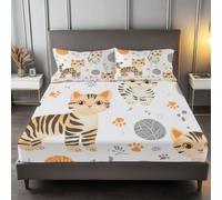 Drap Housse 160 x 200 cm Grand Bonnet 30 cm, Chaton Dessiné À La Main | Simple Animal Microfibre Douce Drap Housse Linge de Lit 2 Personnes, Respirant Drap Housse pour Matelas Épais jusqu'à 30 cm
