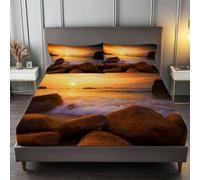 Drap Housse 160 x 200 cm Grand Bonnet 30 cm, Nature Coucher De Soleil | Photographie Plage Douce Drap Housse Linge de Lit 2 Personnes, Respirant Drap Housse pour Matelas Épais jusqu'à 30 cm