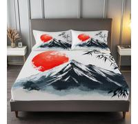 Drap Housse 160 x 200 cm Grand Bonnet 30 cm, Paysage De Style Japonais | Est Chaîne De Montagnes Douce Drap Housse Linge de Lit 2 Personnes, Respirant Drap Housse pour Matelas Épais jusqu'à 30 cm