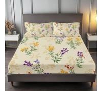 Drap Housse 160 x 200 cm Grand Bonnet 30 cm, Rétro Fleurs Sauvages | Fleurs Peintes À La Main Douce Drap Housse Linge de Lit 2 Personnes, Respirant Drap Housse pour Matelas Épais jusqu'à 30 cm