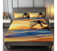 Drap Housse 160 x 200 cm Naturellement Palmiers Drap Housse Doux Résistant | Plage Tropicale Drap Housse Anti-Plis Élastique Tout Autour - Antidérapants Résistant aux Rides Drap Housse en Microfibre