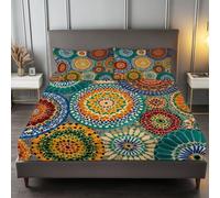 Drap Housse 160 x 200 cm Traditionnel Mosaïque Drap Housse Doux Résistant | Géométriques Circulaires Drap Housse Élastique Tout Autour - Antidérapants Résistant aux Rides Drap Housse en Microfibre