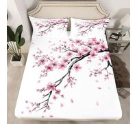 Drap Housse 160x200 cm Fleurs de Cerisier Japonais, 3D Fleurs de Cerisier Drap-Housse en Microfibre, Draps Housses 2 Personnes avec 2 Taie d'oreillers pour Matelas Épais C.L1273