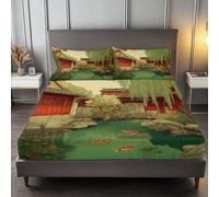 Drap Housse 180 x 200 cm, Cour Chinoise avec Saules Paisible Et Harmonieuse Drap Housse Grand Bonnet 30 cm, Parure de lit Microfibre, Enfant Parure de lit Costume avec 2 Taies d'oreiller, Vert