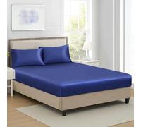 Drap Housse 180x200cm Bonnet 30 cm Bleu Marine Satin Microfibre Motif Drap de lit Soie Drap-Housse 180 x 200cm Uni Lisse Respirant pour Matelas Épais