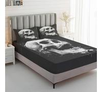 Drap Housse 200x200 Tête de Mort - Protege Matelas Gothique, Drap Housse Grand Bonnet 30 cm, Housse Matelas Doux et Confortable Microfibre avec 2 Taies d'Oreillers 50x75 cm A&-e252