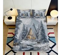 Drap Housse 3D imprimé cabane en forêt Microfibre antidérapant Grande Profondeur Chambre Parure Neige Housse Mattress Fitted Cover Lavable 90x200x25cm