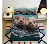 Drap Housse 3D Imprimé Loutre Microfibre Antidérapant Profonde Chambre Linge de Lit Loutre Protection Matelas Lavable Entièrement 180x200x25cm