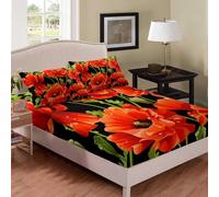 Drap Housse 90x190 cm Coquelicot Rouge, 3D Carthame Drap-Housse en Microfibre, Drap Plat 1 Personne, Drap Housse avec 2 Taie d'oreillers pour Matelas Épais CL1154