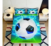 Drap-Housse Ballon de Football Bleu 3D Printed Microfibre éclairs Verts Protection Matelas décor Chambre Cadeau 90x200x25cm