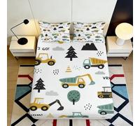 Drap-Housse Camion Chantier Dessin Animé Impression 3D Microfibre Protection Matelas Antidérapant Lavable Décor Chambre Enfant Étudiant 90x200x25cm