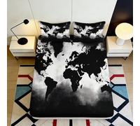 Drap Housse Carte du Monde Imprimé 3D Microfibre Noir Blanc Protège Matelas Antidérapant Décor Chambre Étudiant Location Maison 90x200x25cm
