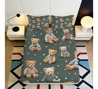 Drap Housse Cartoon Ours en Peluche 3D Printing Microfibre Profondeur Matelas Drap Housse Ours en Peluche Anti-Glisse Protecteur pour Chambre Adulte 180x200x25cm