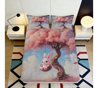 Drap Housse Cerisier Rose 3D imprimé Microfibre Lapin balançoire Protège-Matelas Lavable Décoration Chambre Adulte Adolescent 90x200x25cm