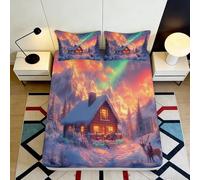 Drap Housse Chalet Hivernal 3D Imprimé Microfibre Grande Profondeur Antidérapant Parure de Lit Cabane Neigeuse Housse Matelas Lavable 90x200x25cm