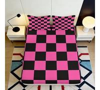 Drap Housse Damier Rose 3D Imprimé Microfibre Noir Plaid Protège-Matelas Antidérapant Décoration Chambre Lavable 90x200x25cm