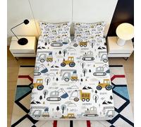 Drap Housse Engins de Chantier Microfibre Impression 3D Camion Travaux Routiers Protège Matelas Décoration Chambre 90x200x25cm