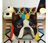 Drap Housse Fitted Sheet 3D Imprimé Boston Terrier Microfibre Profondeur Pop Art Antidérapant Parure de Lit Chien Mattress Fitted Cover Elastique Adultes Jeunes 90x200x25cm