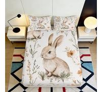 Drap Housse Fitted Sheet Microfibre 3D Imprimé Lapin Mignon Grande Profondeur Anti-dérapant Couverture de Matelas Printanière Lavable 140x200x25cm