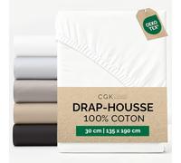 Drap Housse Grand Bonnet 135x190 cm - 100% Coton Doux 400 Fils - pour Matelas épais Jusqu’à 30 cm (12") - Drap Housse avec élastique Complet - Certifié Oeko-TEX - Durable, Confortable - Blanc