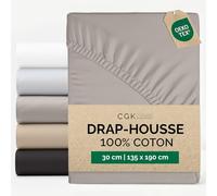 Drap Housse Grand Bonnet 135x190 cm - 100% Coton Doux 400 Fils - pour Matelas épais Jusqu’à 30 cm (12") - Drap Housse avec élastique Complet - Certifié Oeko-TEX - Durable, Confortable - Gris Clair