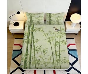 Drap Housse Imprimé 3D Bambou Microfibre Grande Profondeur Antidérapant Chambre Parure Feuille Bamboo Mattress Fitted Cover pour Adulte Protection Matelas 200x200x25cm