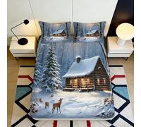 Drap Housse imprimé 3D cabane Neige Microfibre Grande Profondeur antidérapant Chambre Protection Matelas Neige Mattress Fitted Cover Tout âge 90x200x25cm