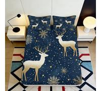 Drap-Housse Imprimé 3D Cerf Flocon Microfibre Poche Profonde Rebord Élastique Parure de Lit Drap Matelassé Cerf Chambre Adultes Jeunes 140x200x25cm