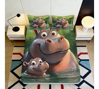 Drap Housse imprimé 3D Hippopotame Cartoon Microfibre Poche Profonde antidérapant Ensemble literie Chambre Hippopotame Mattress Fitted Cover Lavable Protection Matelas pour Adultes 120x200x25cm