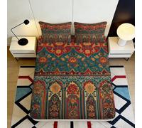Drap Housse Imprimé 3D Motif Tapis Vintage Microfibre Profonde Poche Linge de Lit Chambre Style Ancien Protège-Matelas Matelassé Antidérapant Lavable 140x200x25cm