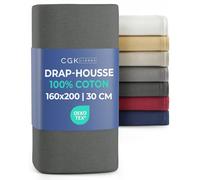 Drap-housse Jersey Coton 160x200 cm Anthracite - Grand Bonnet Profond 30 cm / 12” - Doux, Infroissable & Très Résistant aux Décolorations - Respirant, Hypoallergénique & Certifié OEKO-TEX Standard 100